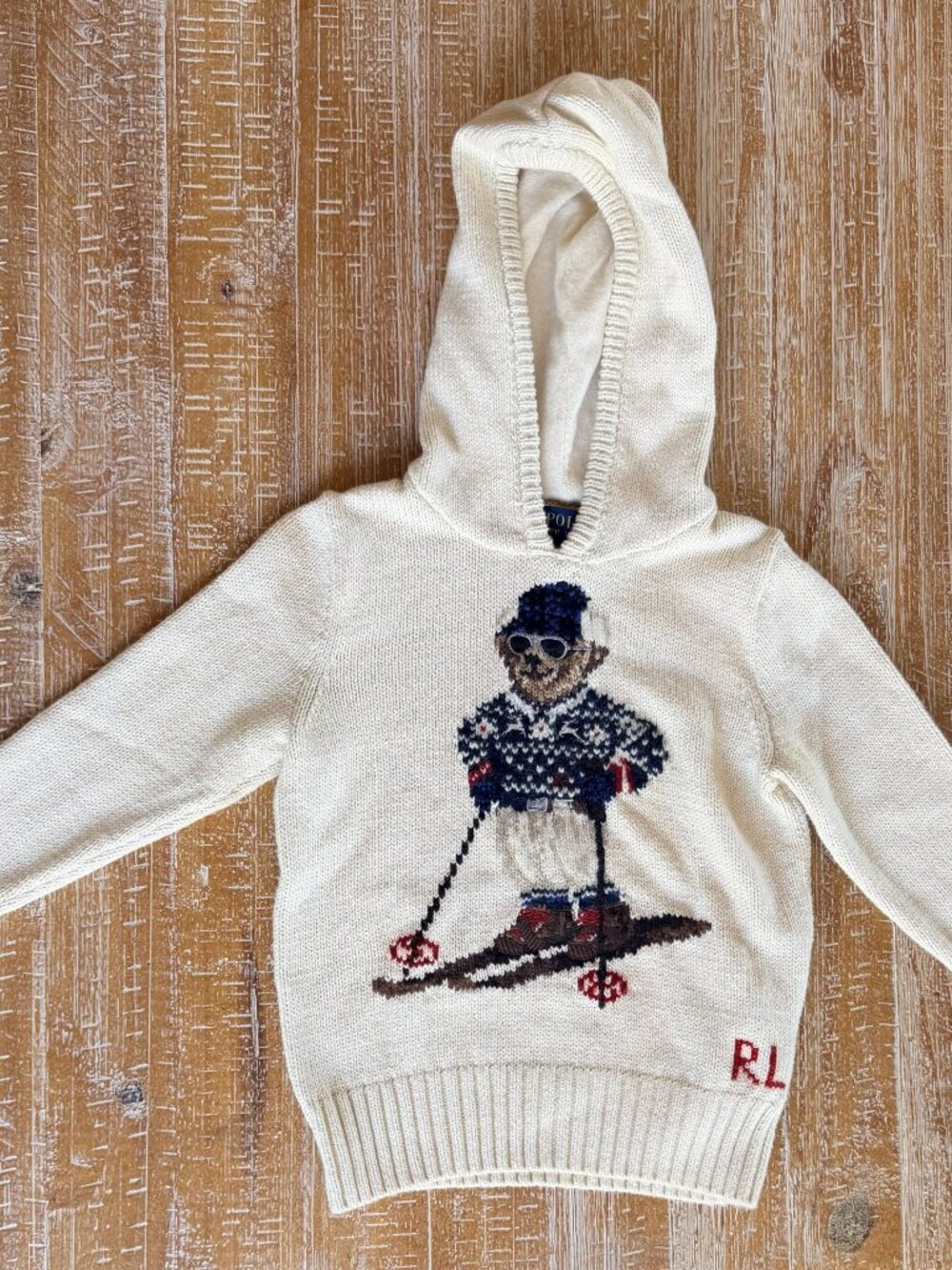 Polo Ralph Lauren Hooded Sweater Toddler Boys Cream Bear Knit Long Sleeve - 3T